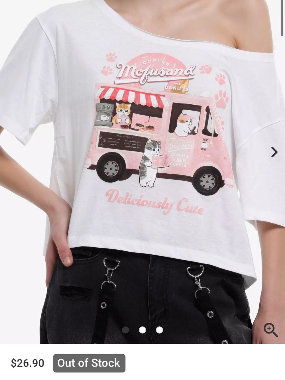 White Off-Shoulder Graphic Tee with Pink Food Truck Design